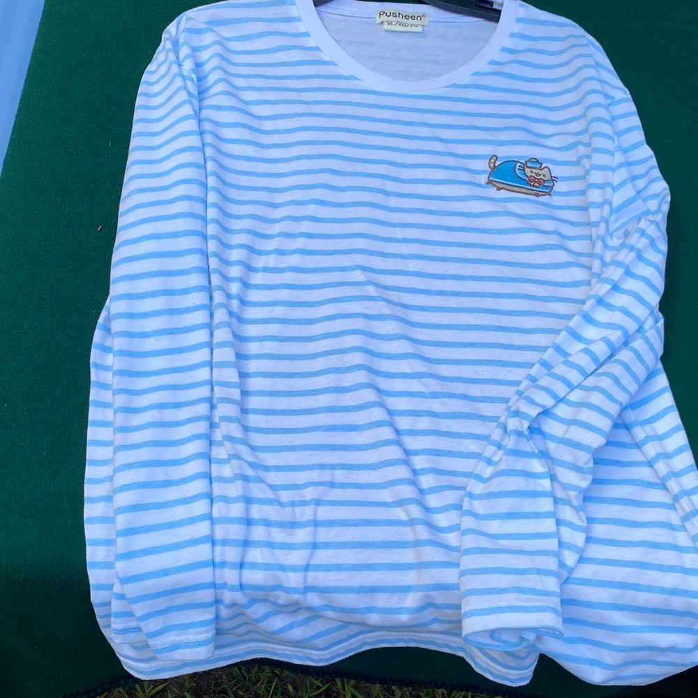 Pusheen Blue and White Striped Long Sleeve Tee. XL.